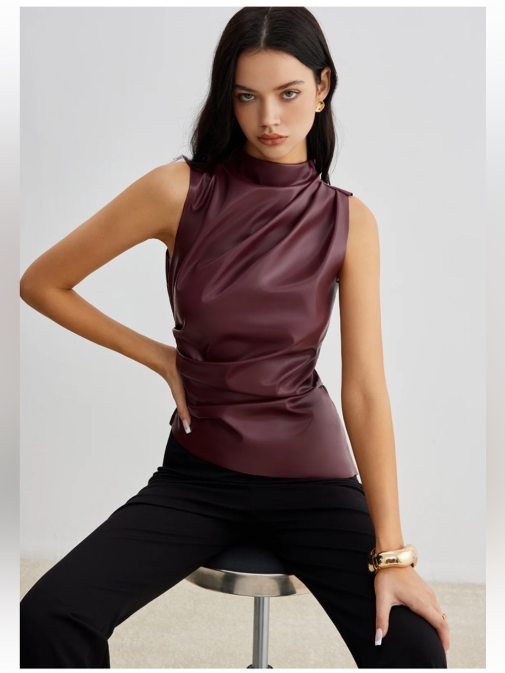 Commense Mock Neck Faux Leather Cinched Tank Top Size Medium NWT